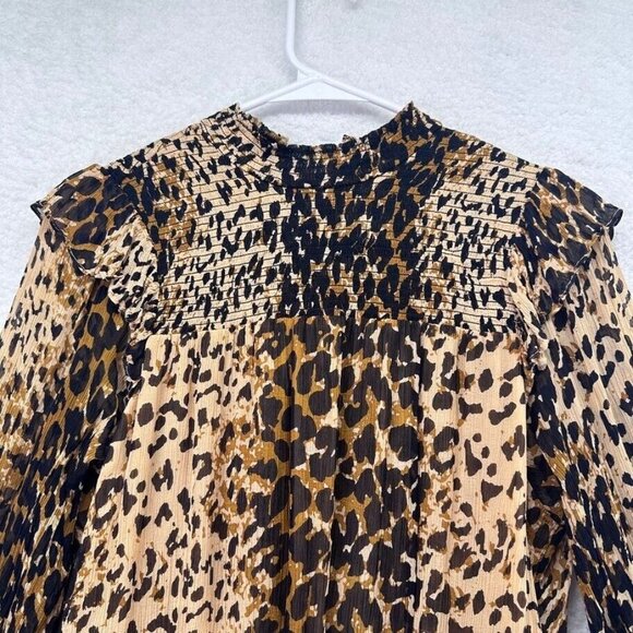 Free People Shirt Womens Extra Small Balloon Sleeve Leopard Print Smocked Flaws - Picture 2 of 14